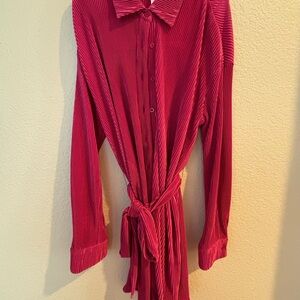 Pleated Button-Up mini Dress dark pink/ fuchsia